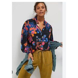 Maeve By Anthropologie Colette Black Floral Peasant Blouse Small Boho Peasant